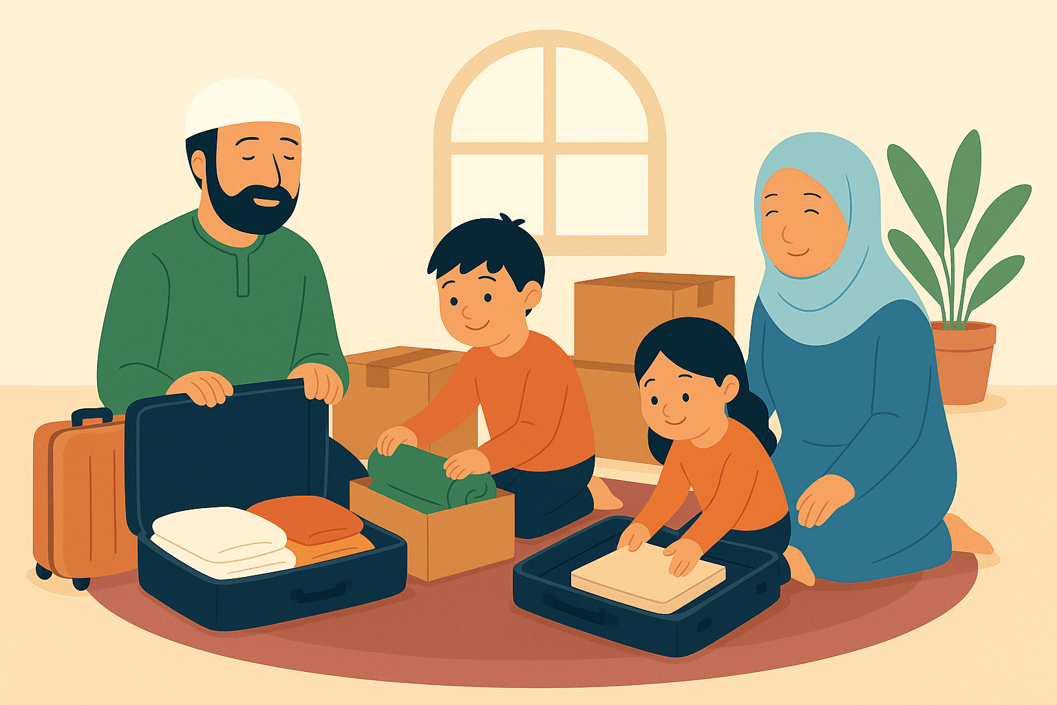Famille musulmane préparant la Hijra au Maroc, remplissant les valises dans une ambiance spirituelle et sereine.