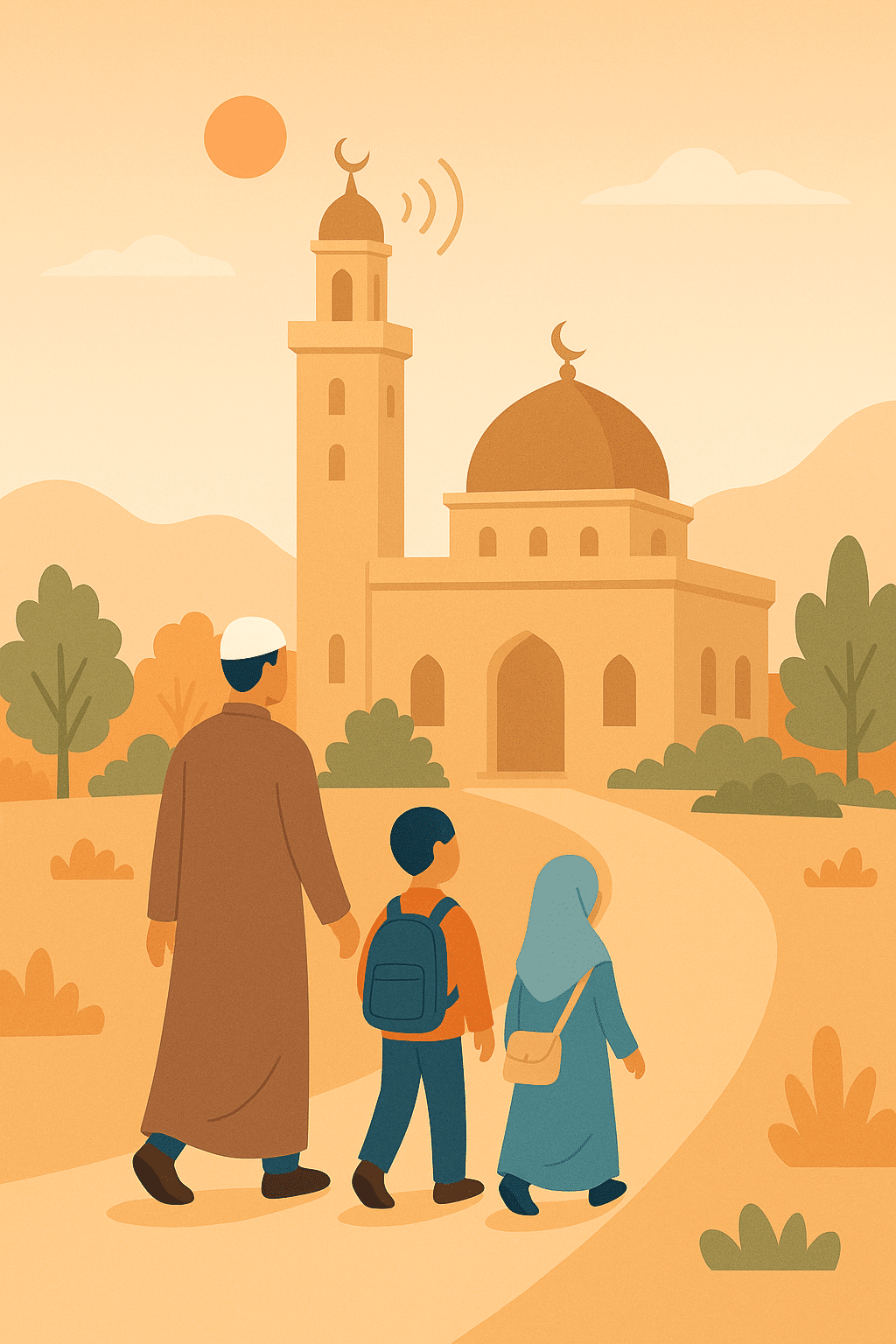 Père et enfants se rendant à la mosquée à Marrakech après leur Hijra, ambiance religieuse et familiale.