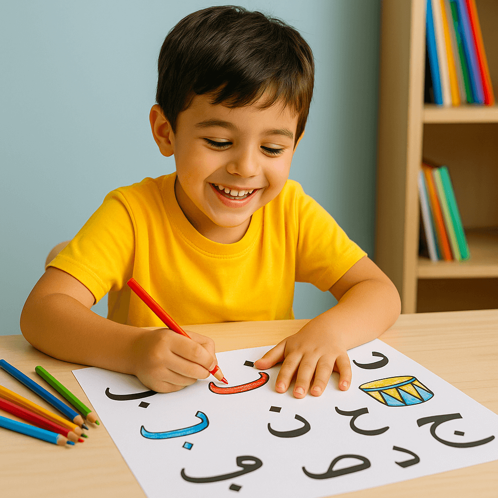 Enfant coloriant les lettres de l’alphabet arabe sur une table, dans une ambiance joyeuse et éducative. Illustration Talamize pour apprendre l’arabe en s’amusant.