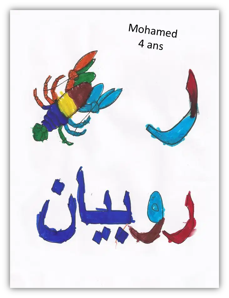 Coloriage des lettres arabes réalisé par Mohamed, 4 ans, dans le cadre des activités éducatives Talamize pour apprendre l’alphabet arabe en s’amusant.