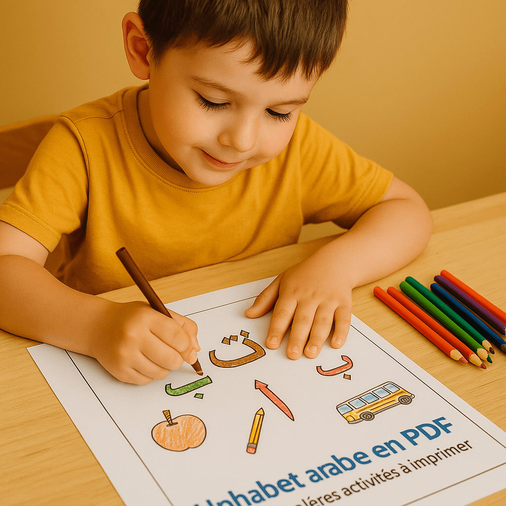 Jeune enfant coloriant une fiche d’activités de l’alphabet arabe en PDF, proposée par Talamize. Apprentissage ludique des lettres arabes à imprimer pour enfants.