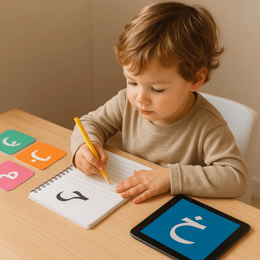 Enfant qui apprend l’alphabet arabe avec une méthode ludique et interactive à la maison.