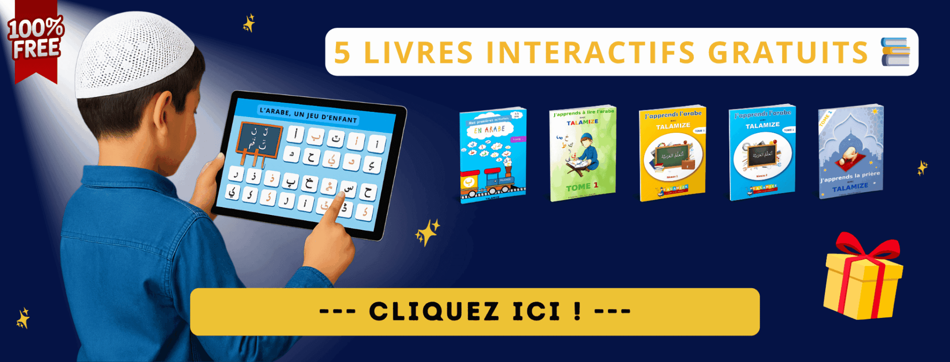 Enfant musulman utilisant une tablette pour apprendre l’arabe avec Talamize – 5 livres interactifs gratuits