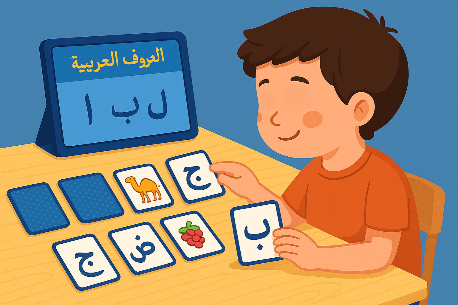 Garçon utilisant des cartes éducatives pour apprendre les lettres arabes.
