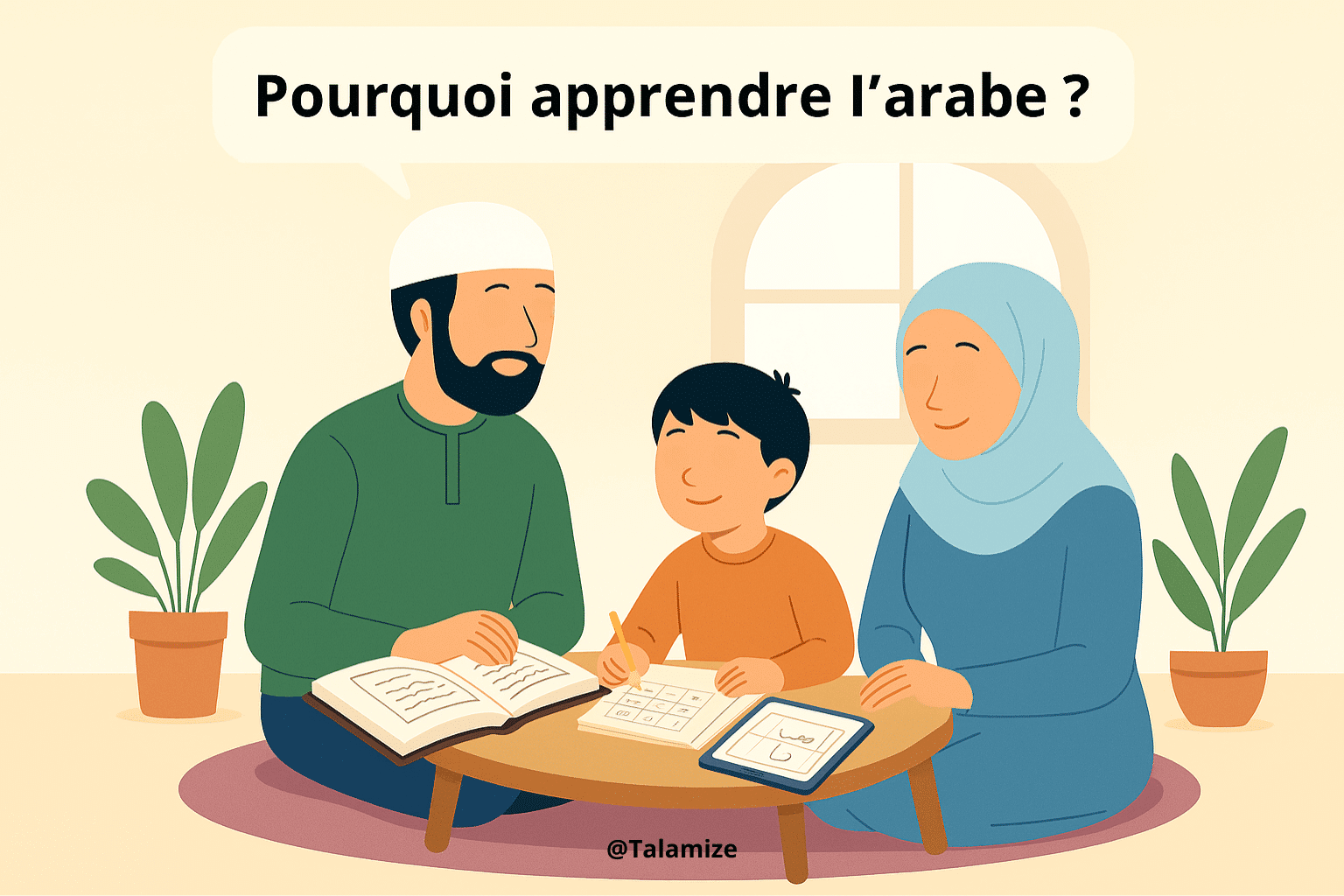 Famille musulmane composée d’un père, d’une mère et d’un enfant apprenant la langue arabe à la maison, assis autour d’une table avec un livre, une tablette et un cahier.