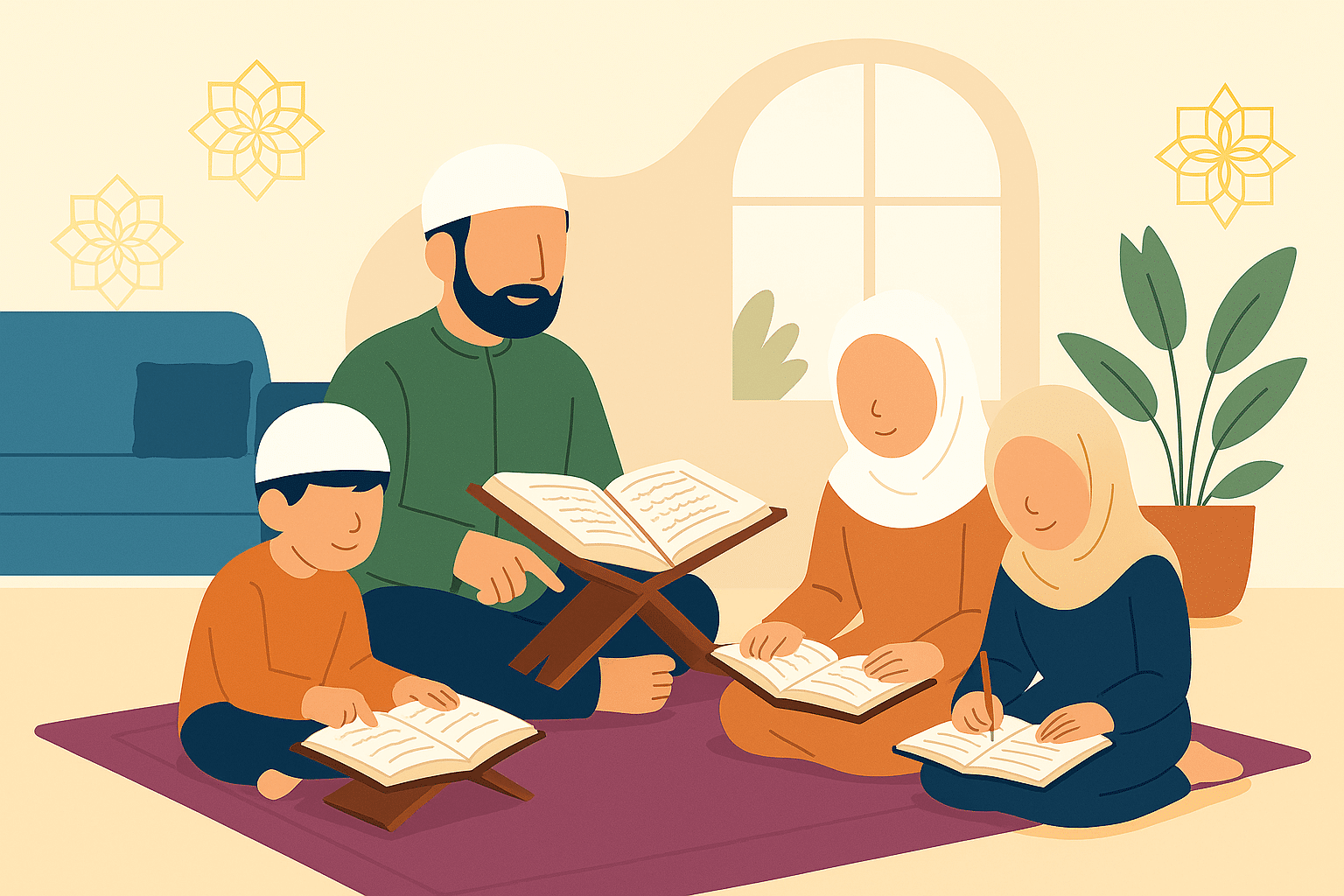 Père et enfants apprenant le Coran ensemble dans une ambiance calme et éducative