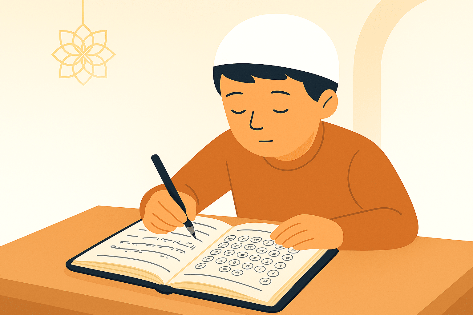 Enfant musulman apprenant le Coran en répétant les versets dans son cahier