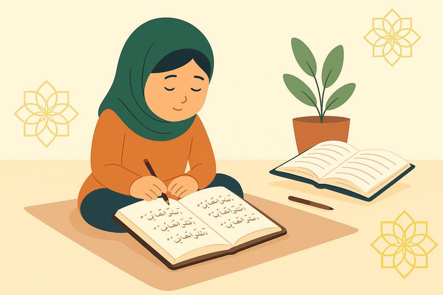 Illustration d’un enfant musulman apprenant le Coran à la maison en répétant des versets dans un cahier.