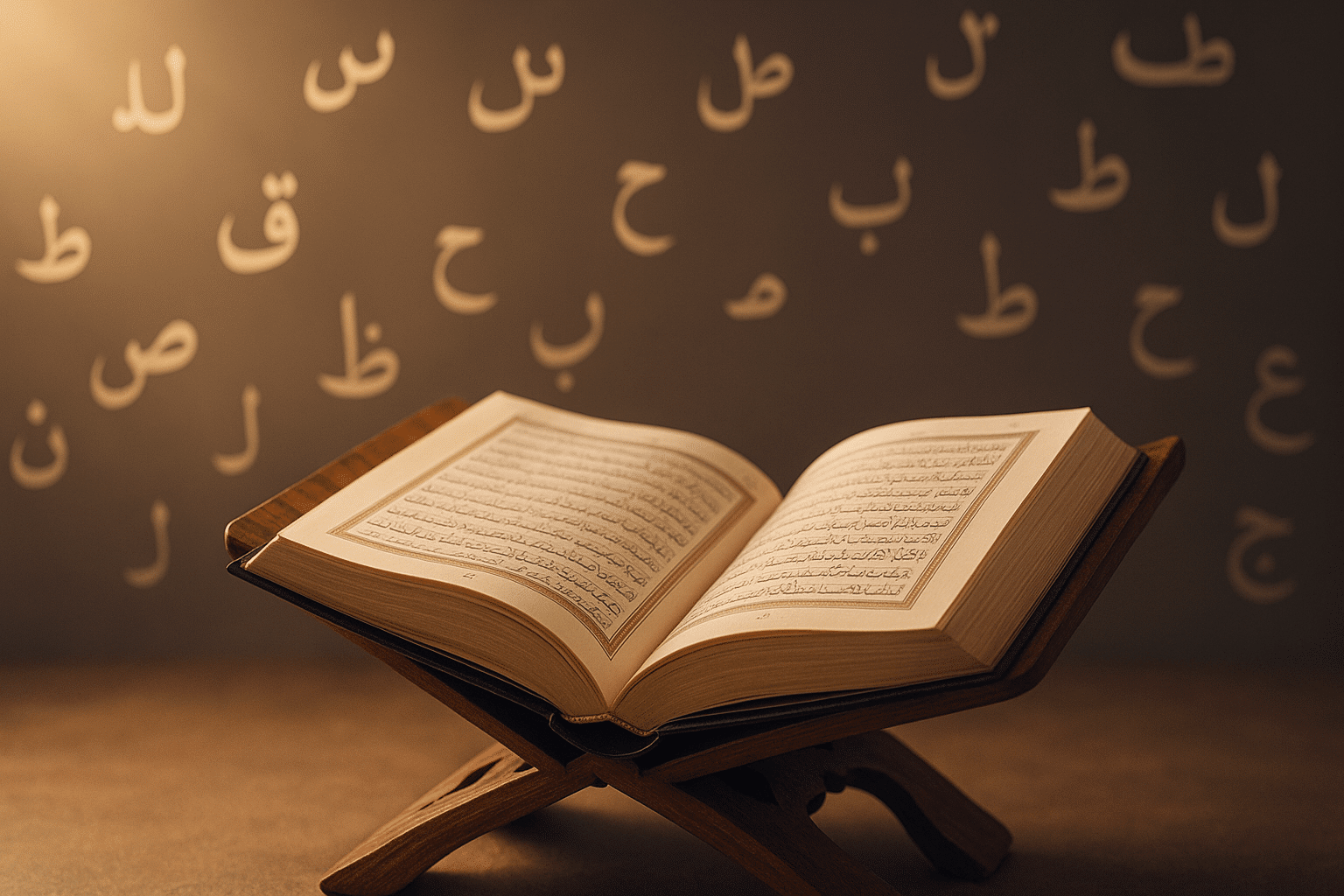 Coran ouvert sur un pupitre avec une lumière douce et des lettres arabes flottantes en arrière-plan, illustrant la relation entre la langue arabe et le Coran.