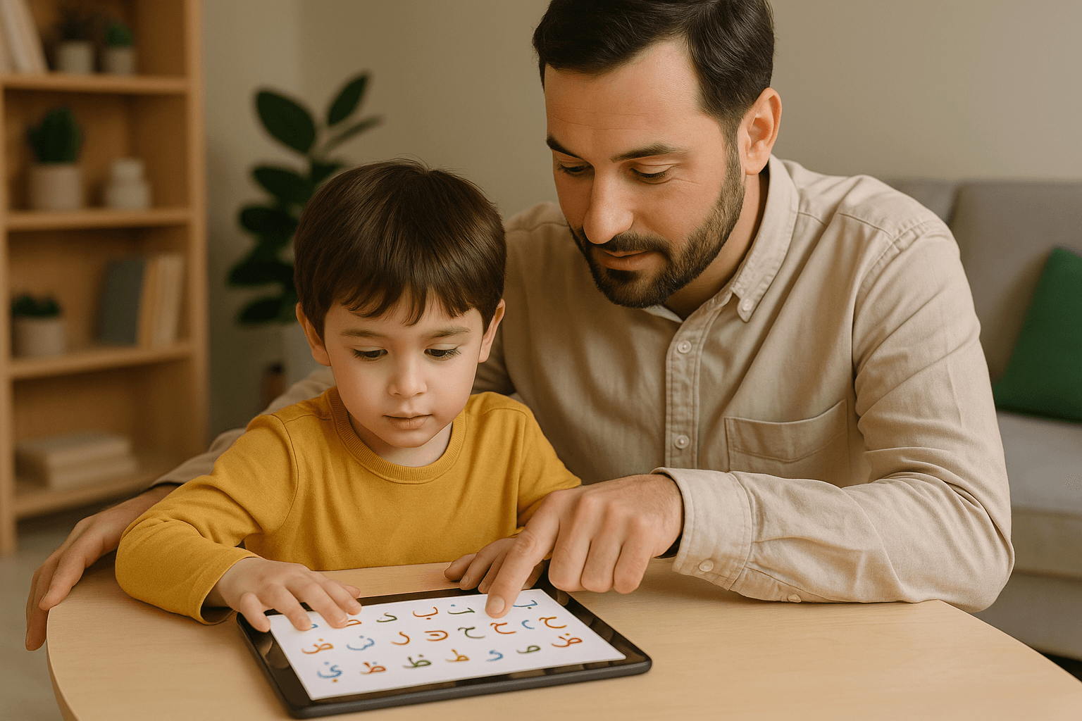 Parent et enfant apprenant ensemble les lettres arabes sur une tablette dans une ambiance calme et bienveillante, illustrant l’apprentissage familial de la langue du Coran.