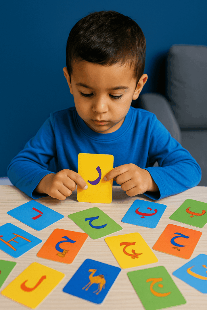Enfant utilisant des cartes éducatives pour apprendre les lettres arabes.