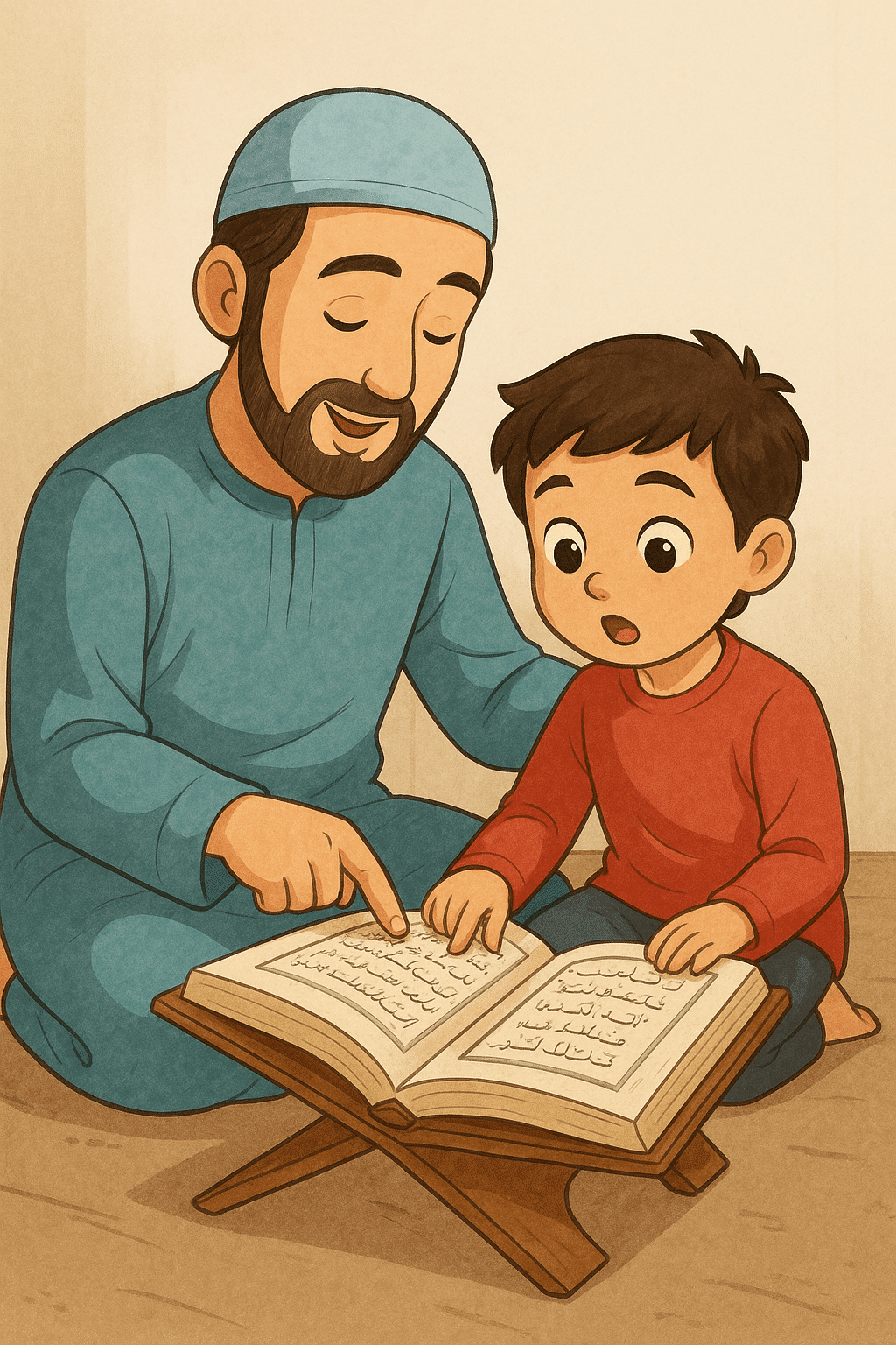 Jeune garçon musulman tenant un Coran et apprenant l’arabe