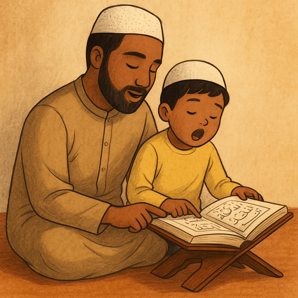 Petit garçon musulman lisant le Coran pour apprendre l’arabe coranique