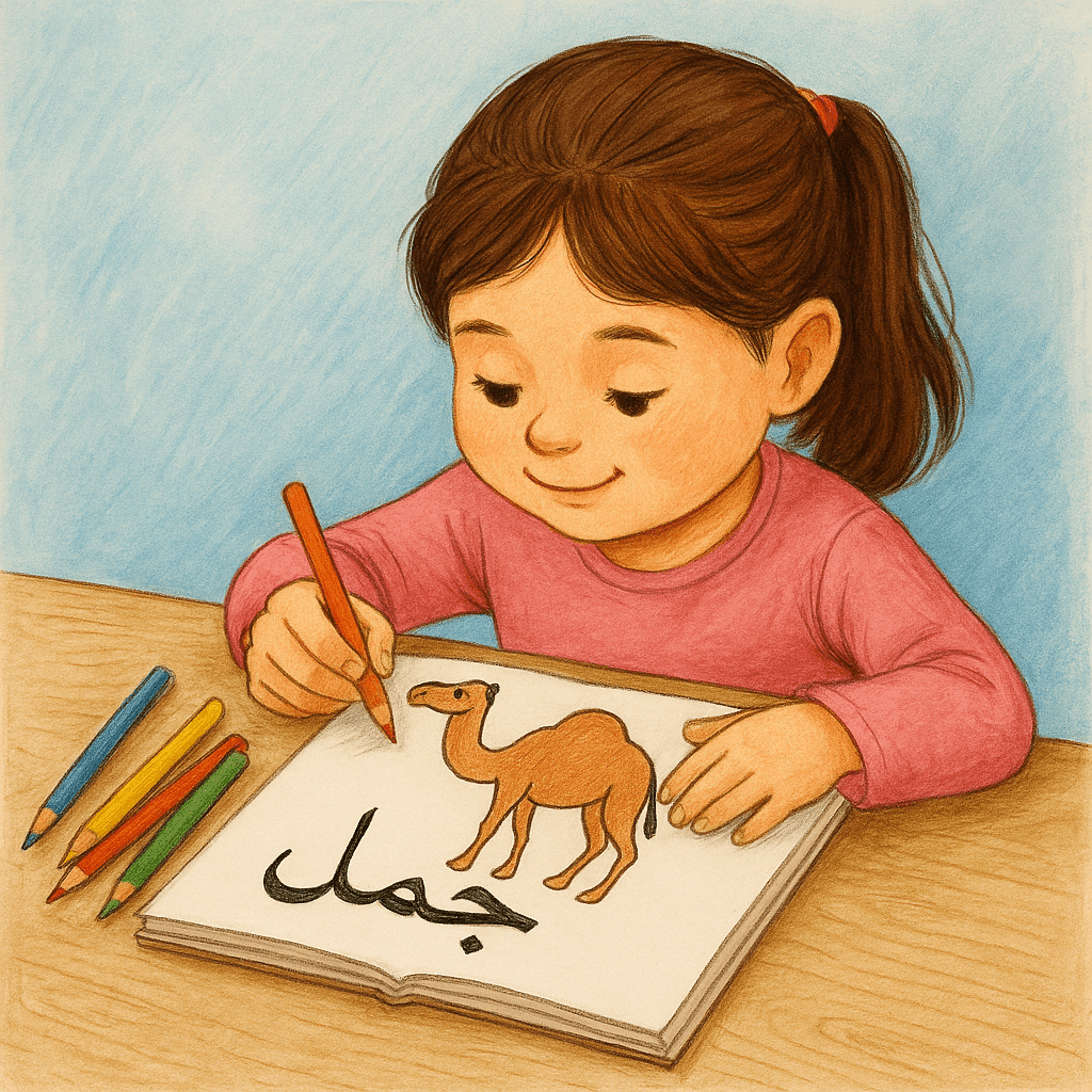 Petite fille coloriant un chameau avec le mot arabe correspondant « جمل ».