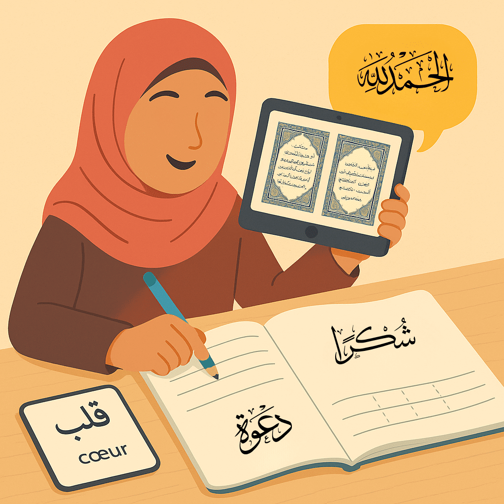 Petite fille musulmane récitant une sourate pour apprendre l’arabe coranique