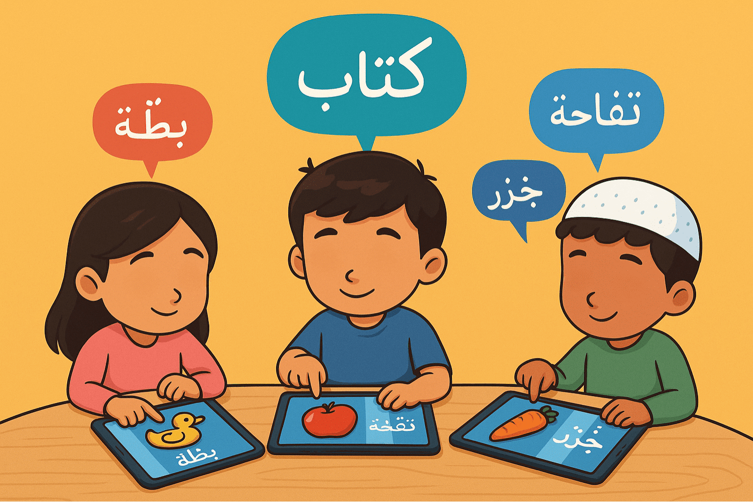 Illustration d’enfants utilisant des supports interactifs pour mémoriser les mots arabes
