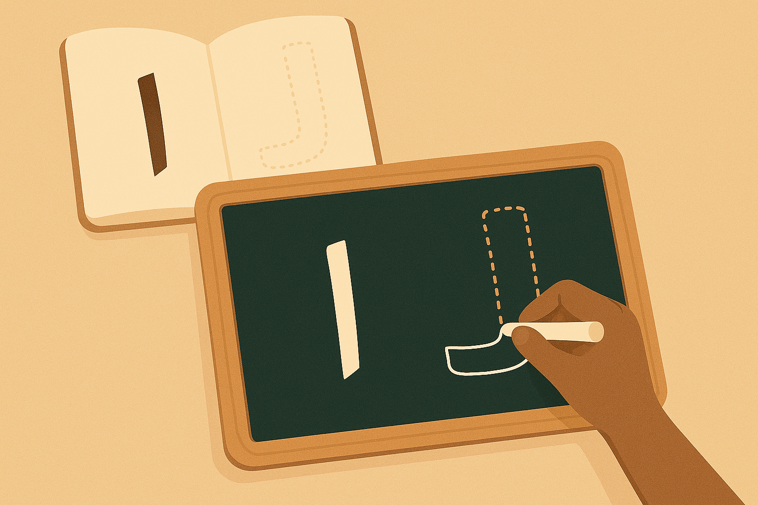 Main d’un enfant écrivant des lettres de l’alphabet arabe sur une ardoise. Illustration éducative et chaleureuse montrant l’apprentissage de l’écriture arabe de manière ludique et bienveillante.