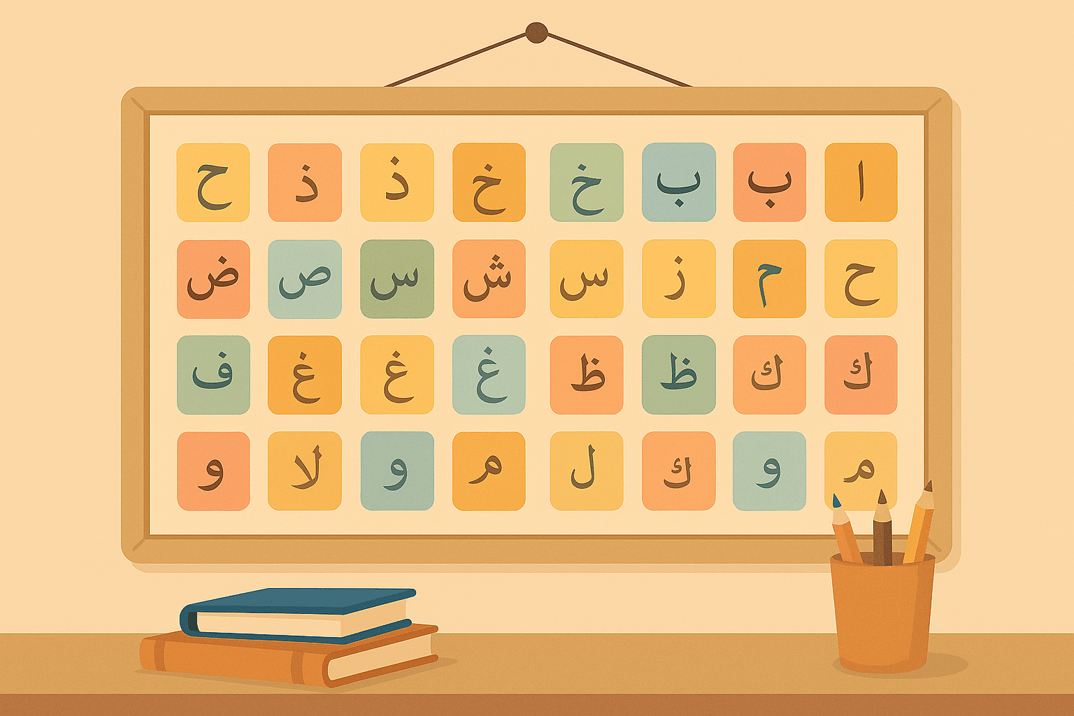Tableau pédagogique présentant les lettres de l’alphabet arabe colorées dans une salle de classe. Illustration éducative pour l’apprentissage visuel et ludique de l’arabe.