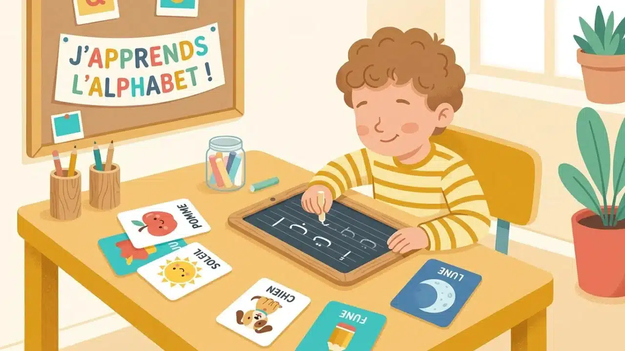 Enfant apprenant à tracer l'alphabet arabe avec des cartes illustrées