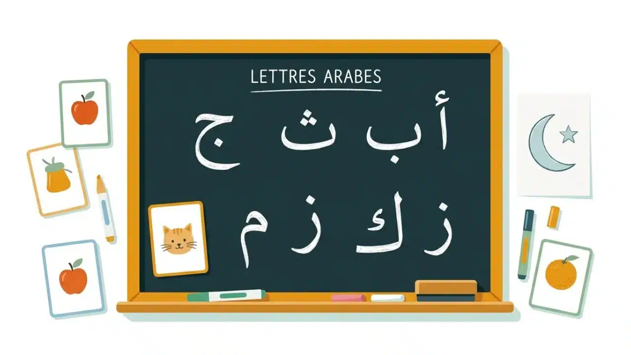 Tableau d'apprentissage avec des lettres arabes pour enfant