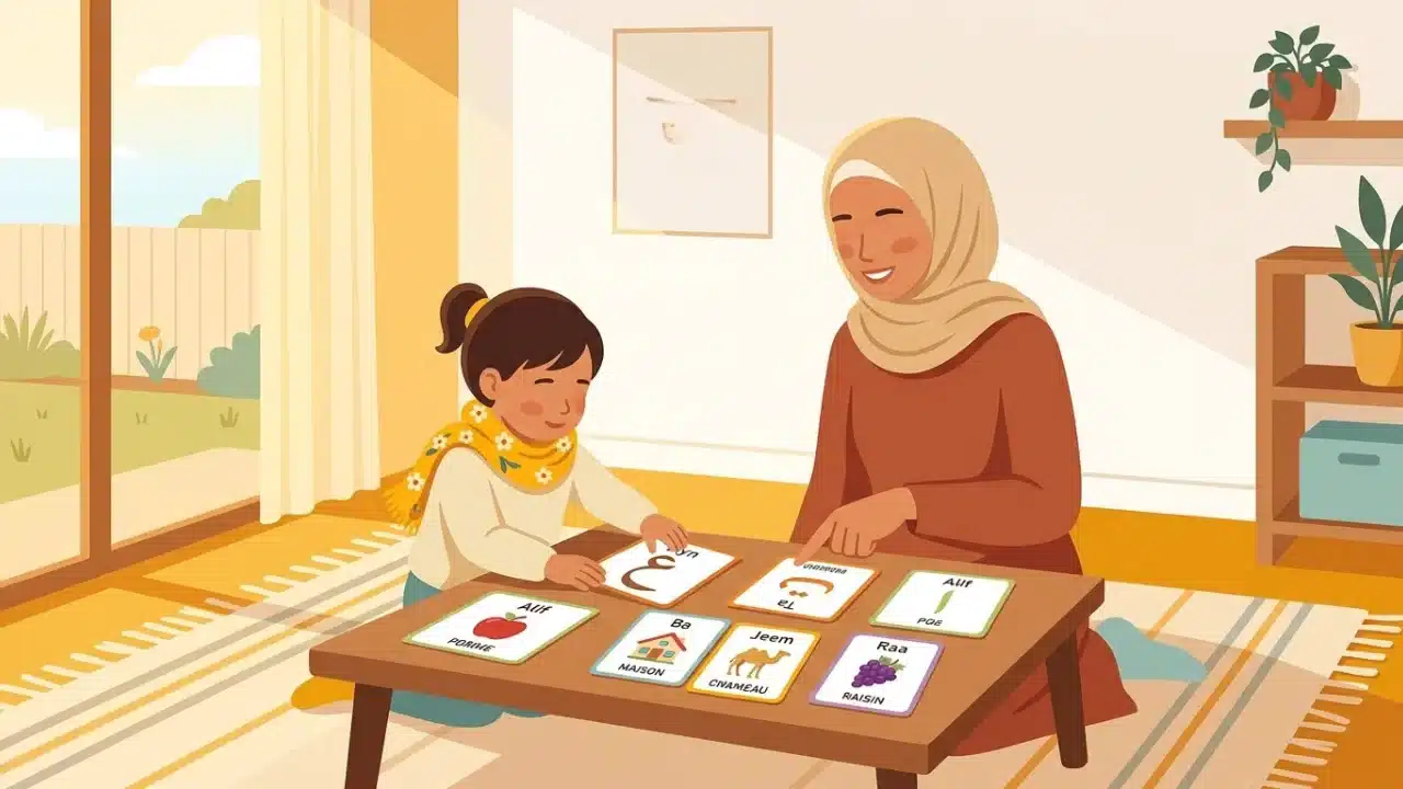 Parent et enfant découvrant les lettres arabes avec des cartes colorées