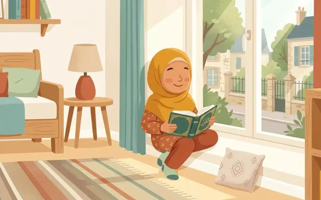 Jeune enfant souriant découvrant la lecture de l'arabe avec un livre