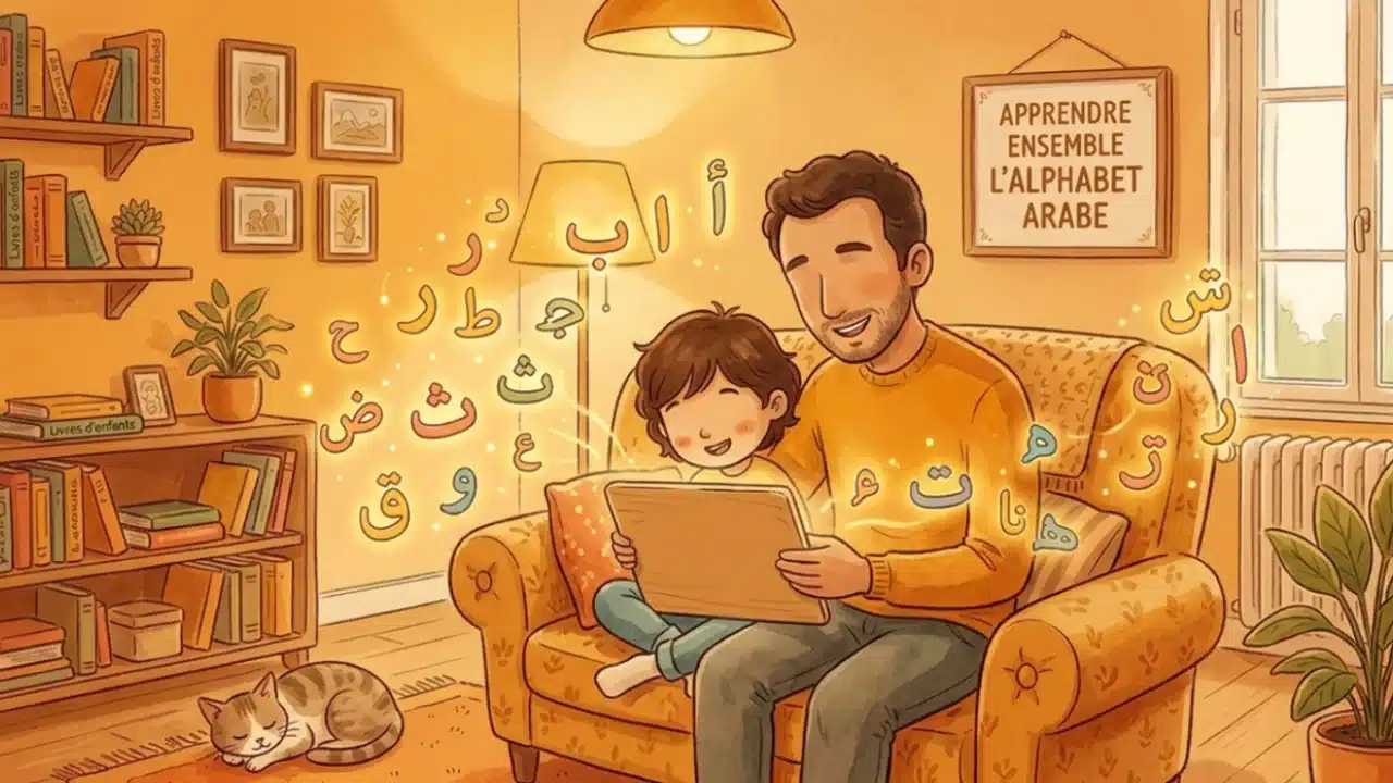 Un parent et un enfant apprennent l'alphabet arabe sur une tablette à la maison