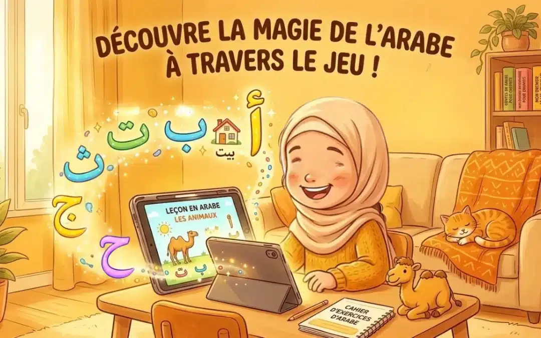 Enfant apprenant l'arabe de façon ludique sur une tablette à la maison