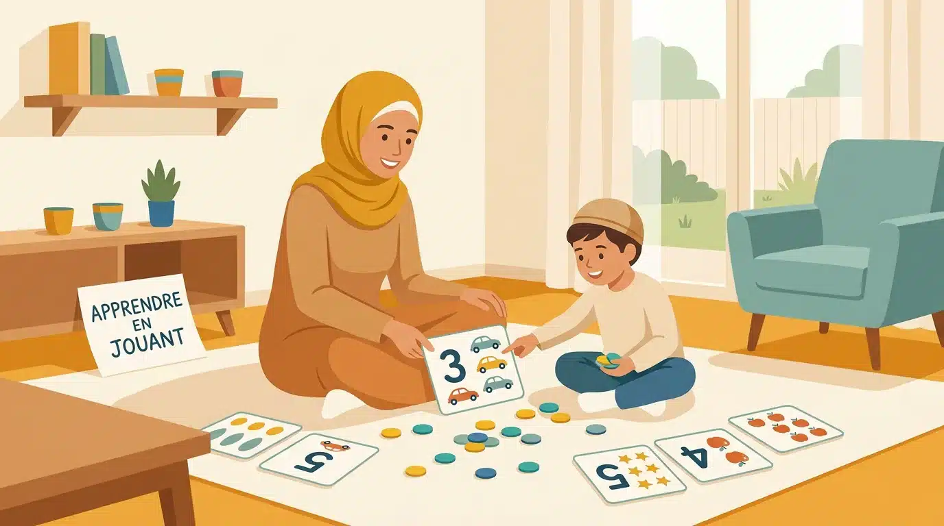 Parent et enfant jouant avec des cartes de chiffres en arabe
