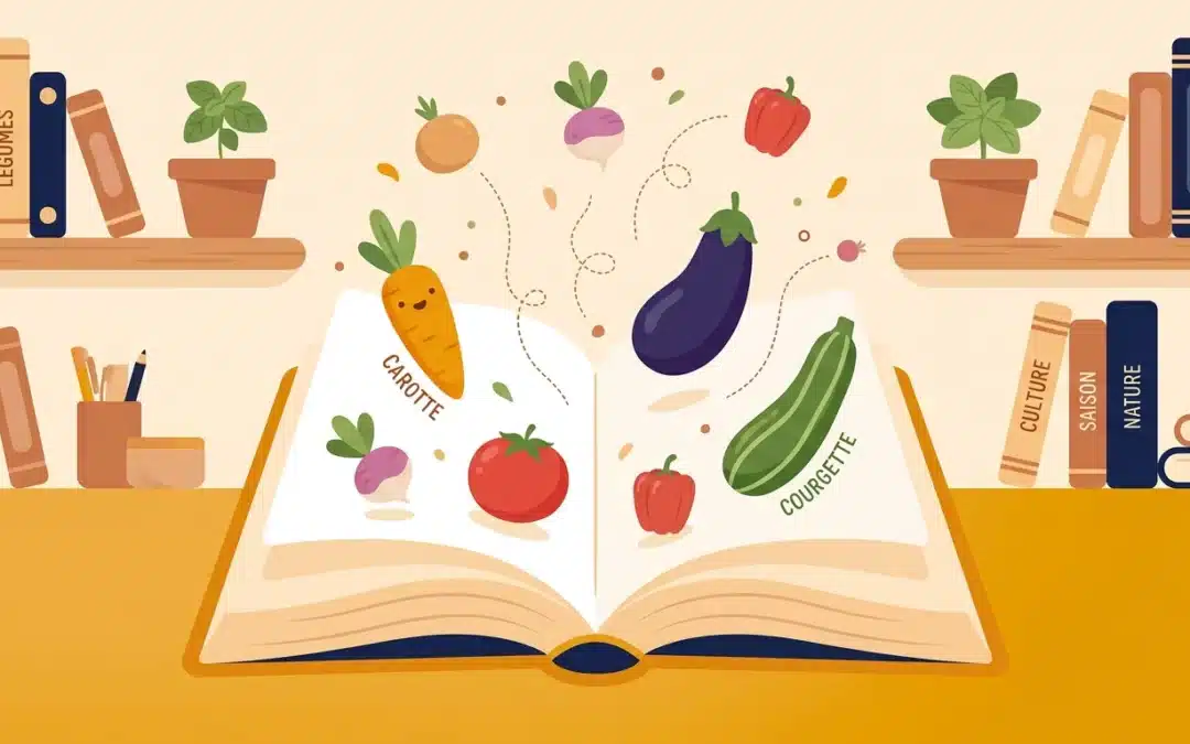 Illustration d'un livre et de légumes pour apprendre les légumes en arabe