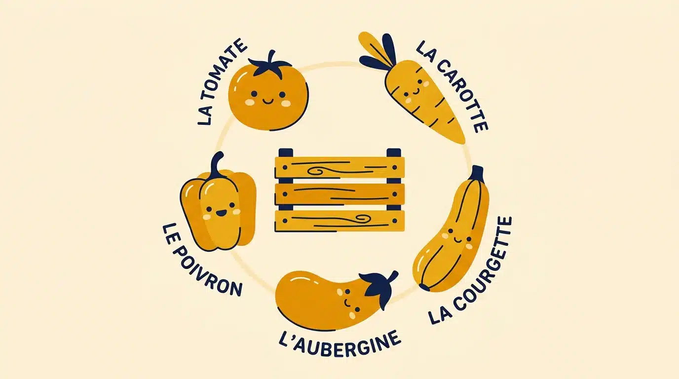 Illustration de légumes colorés pour apprendre leur nom en arabe