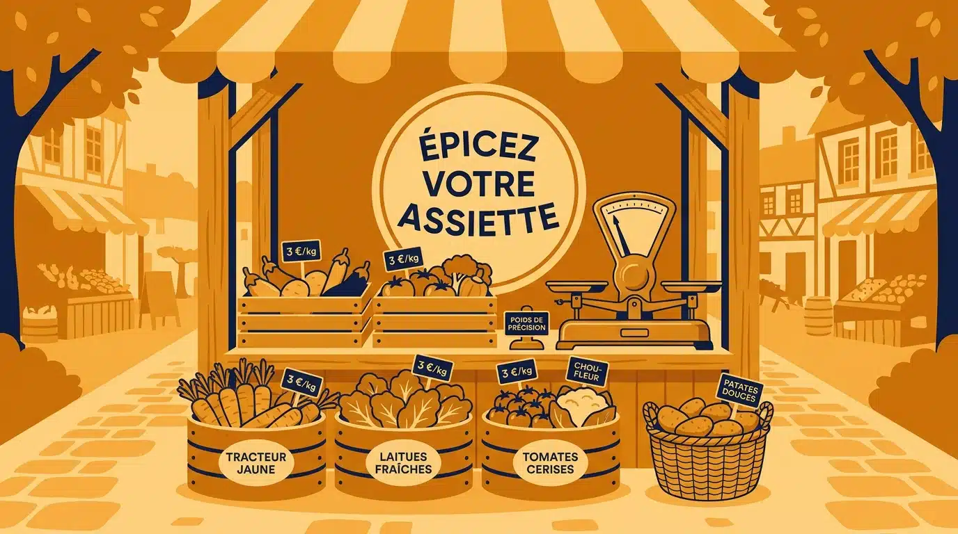 Illustration d'un marché de légumes pour apprendre le vocabulaire arabe