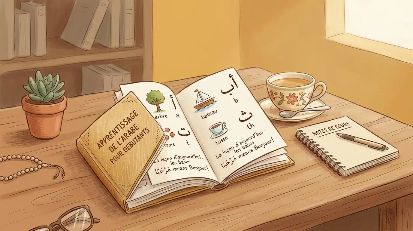 Livre ouvert pour apprendre l'arabe avec lettres calligraphiées sur une table