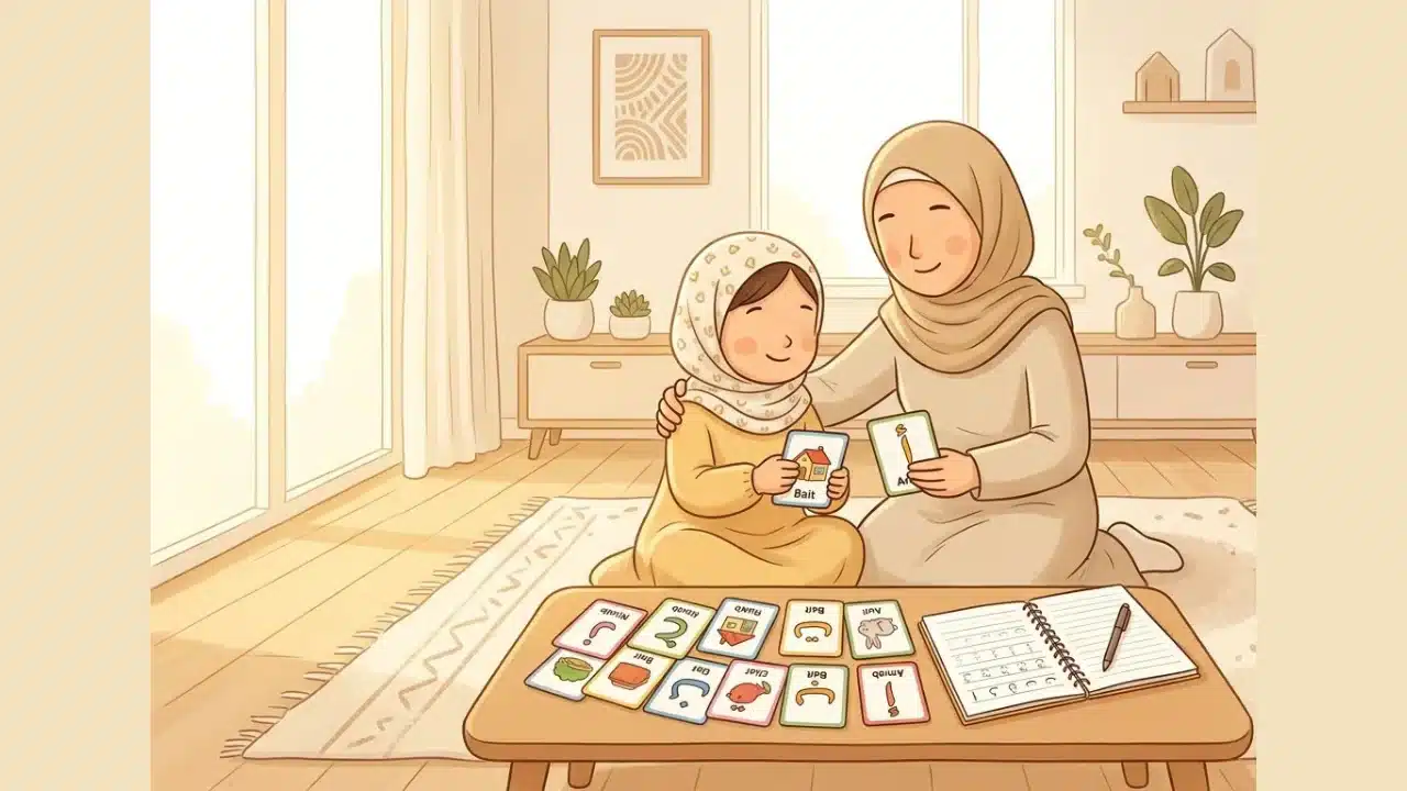 Parent et enfant apprenant l'alphabet arabe avec des cartes et un cahier