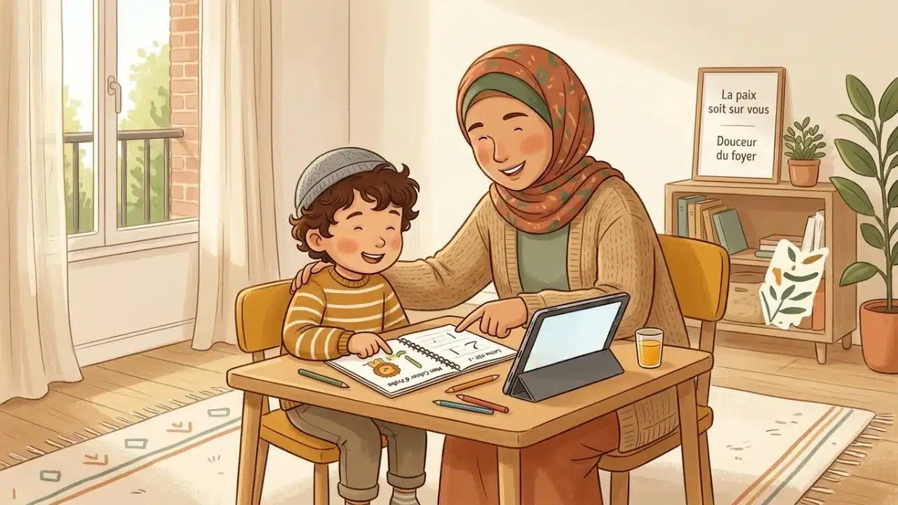 Illustration d'un parent et d'un enfant apprenant l'arabe à la maison sur une tablette