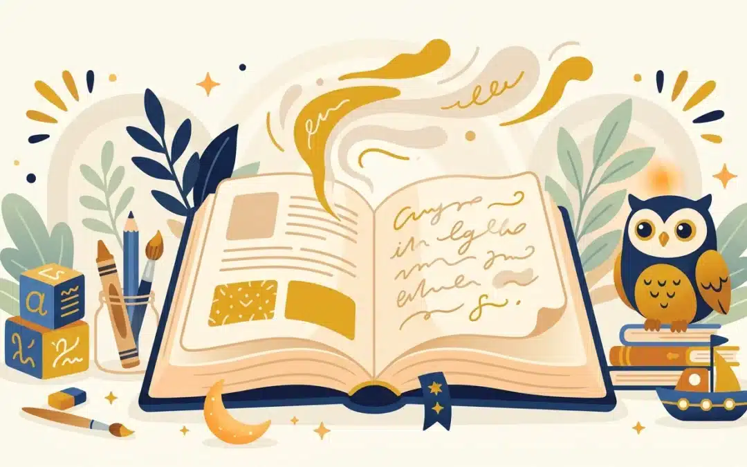 Illustration d'un livre ouvert entouré d'objets éducatifs pour apprendre l'arabe aux enfants