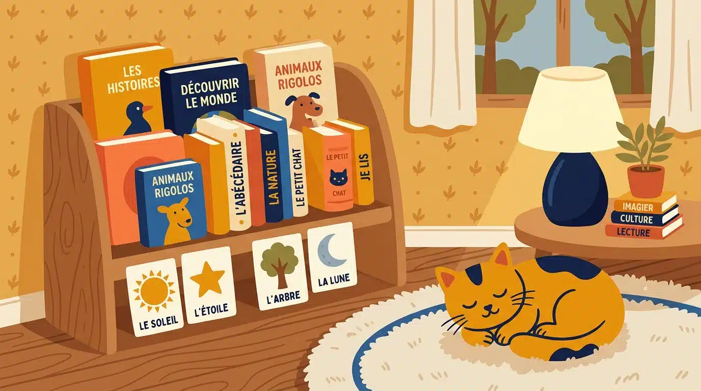Coin lecture illustré avec livres et cartes-images pour apprendre le vocabulaire arabe