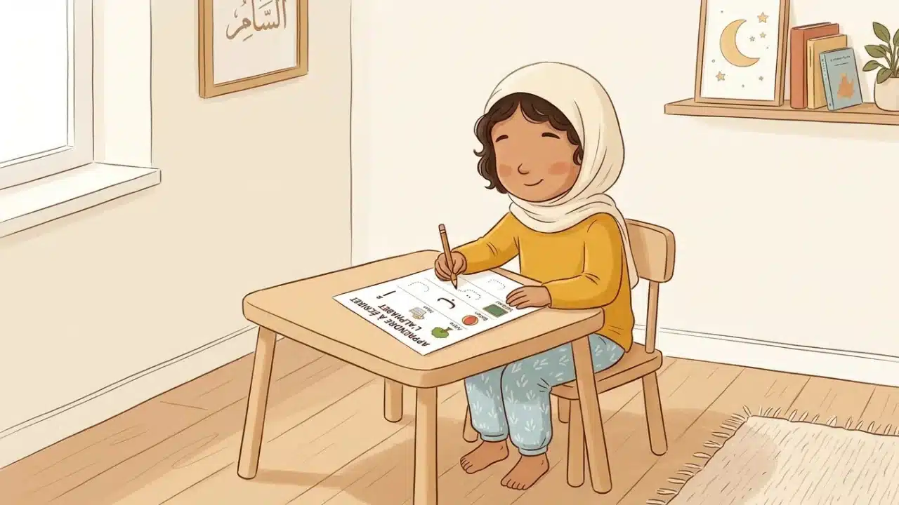Enfant qui trace des lettres arabes sur une fiche imprimée à la maison
