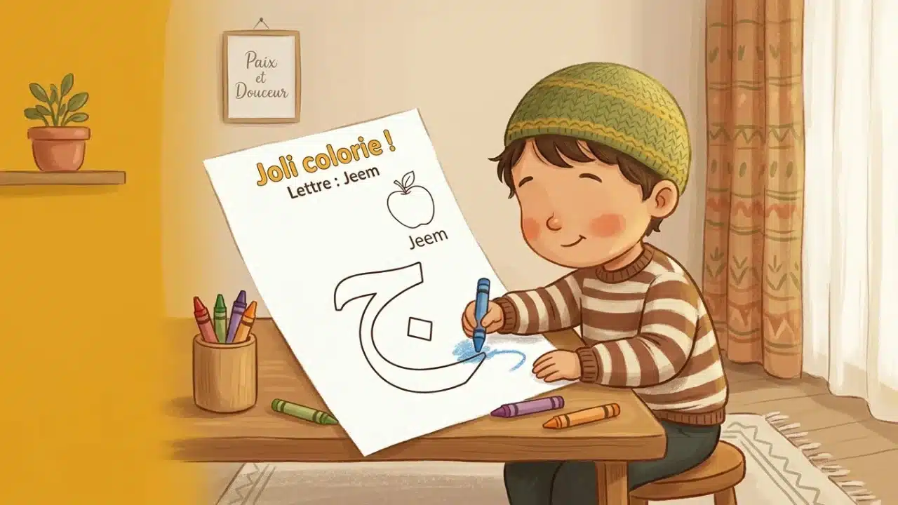 Enfant qui colorie une lettre de l'alphabet arabe imprimée