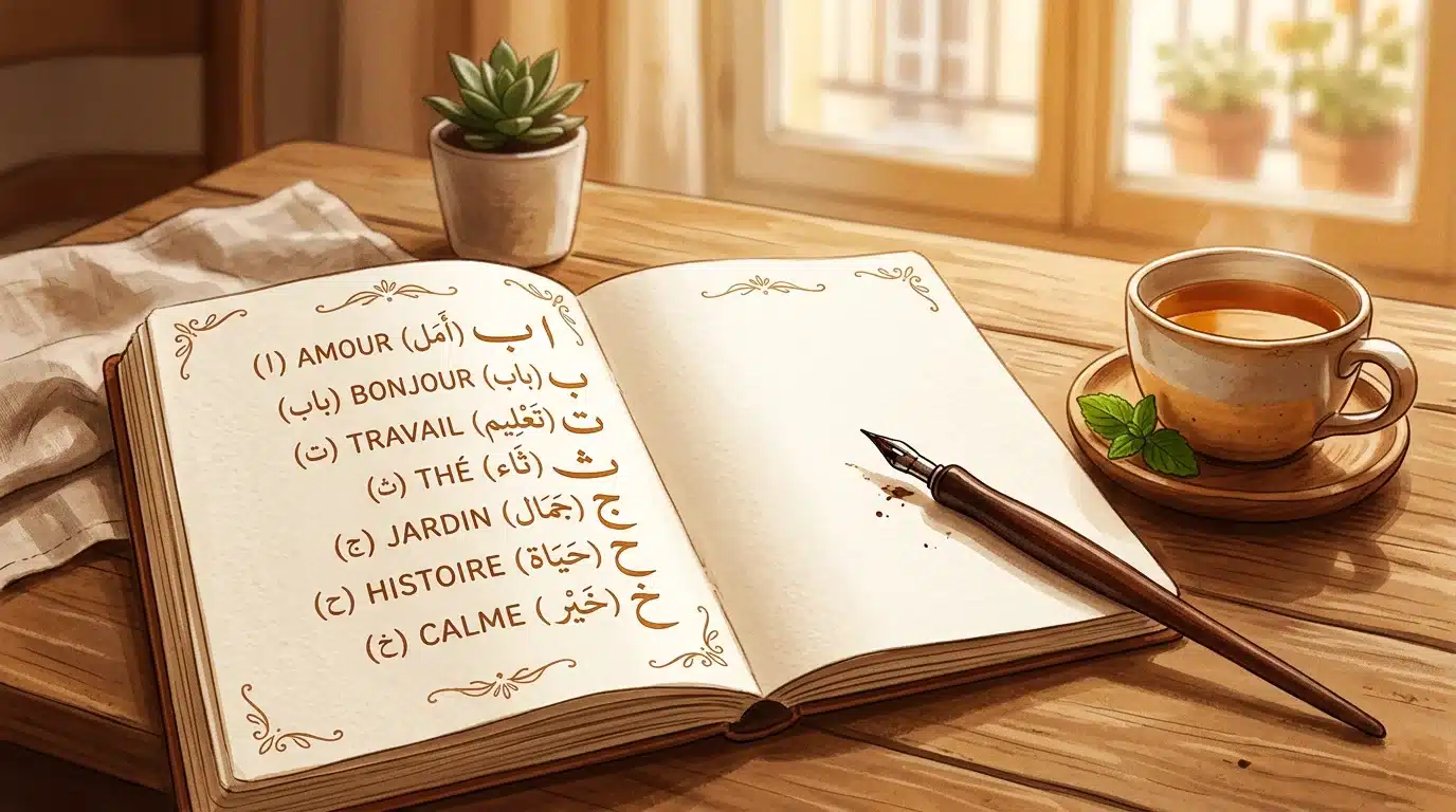 Cahier illustrant l'alphabet arabe et des mots en français côte à côte