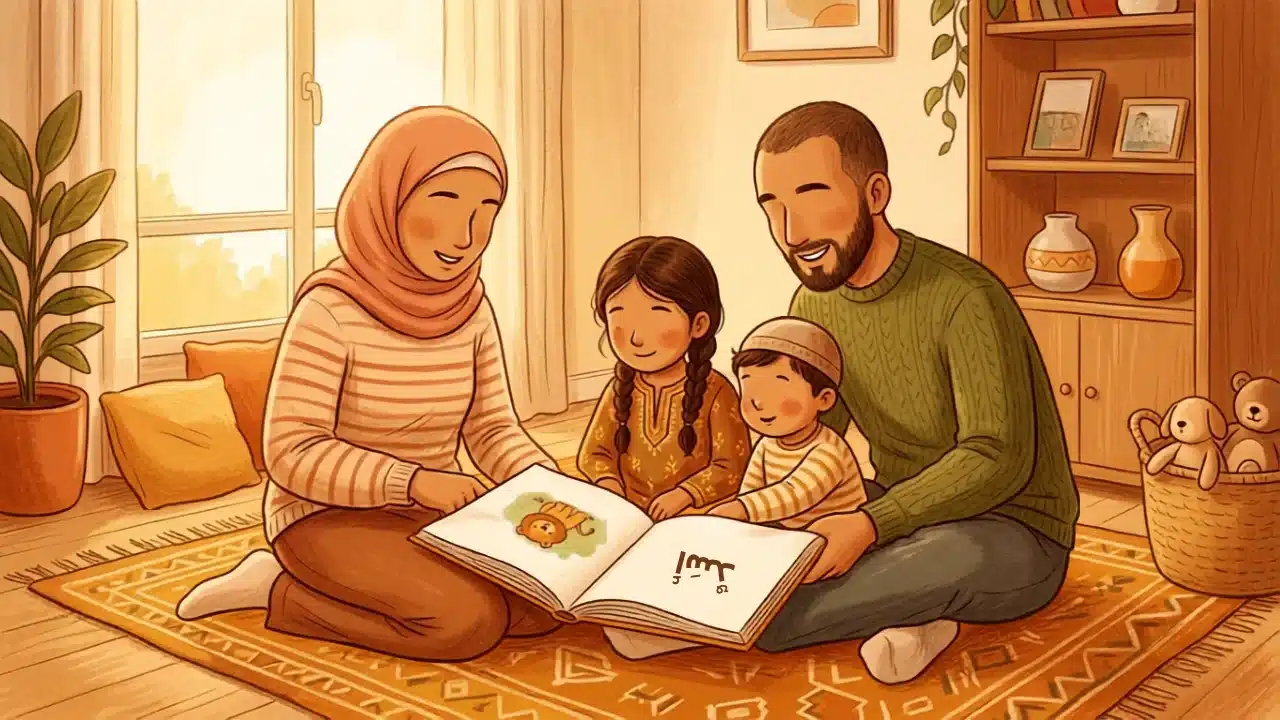 Illustration d'une famille apprenant le vocabulaire arabe à la maison
