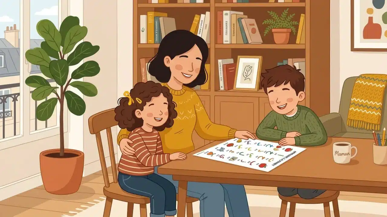 Illustration d'une famille apprenant les lettres arabes à la maison