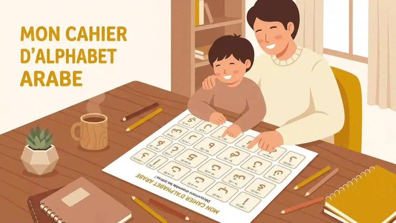 Illustration d'une fiche PDF de l'alphabet arabe utilisée par un parent et un enfant