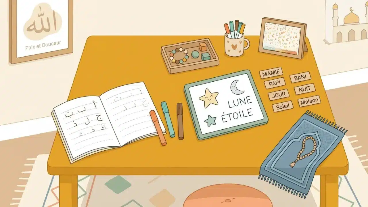 Table d'activités avec cahier et supports pour apprendre l'arabe