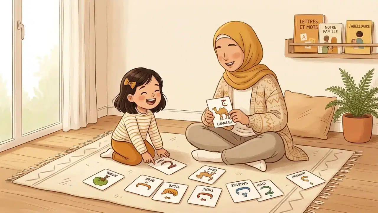 Un enfant et son parent jouent avec des cartes de lettres arabes à la maison