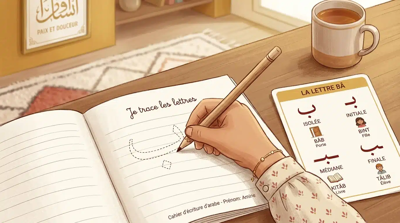 Main d'enfant traçant une lettre arabe avec ses quatre formes selon la position