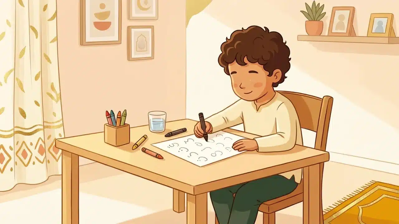 Enfant qui repasse des lettres arabes en pointillé pour s'entraîner à écrire