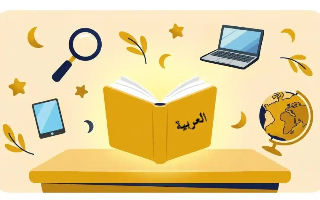 Livre ouvert illustré entouré d'objets éducatifs et d'un chat mignon