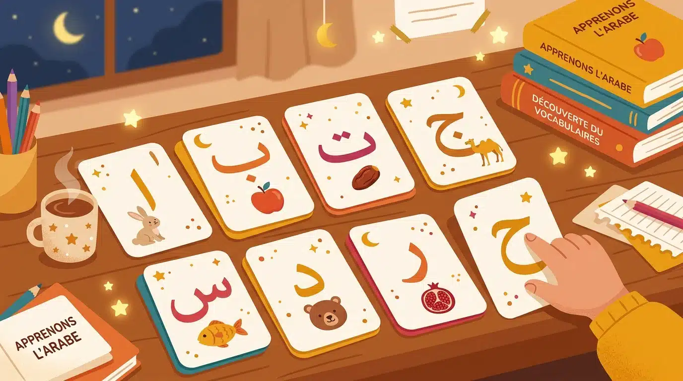 Cartes de vocabulaire arabe avec lune et étoiles sur fond doré