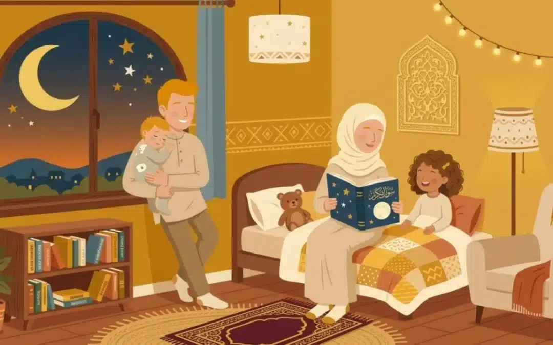 Chambre d'enfant paisible avec lune et étoiles dans une ambiance dorée du soir